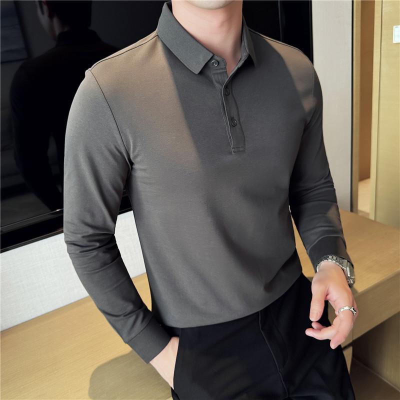 Spring Autumn New Long-Sleeved Men's Polo Shirt Lapel T-Shirt Korean Mens Collared Men Soild Color T-Shirt Bottoming Shirt