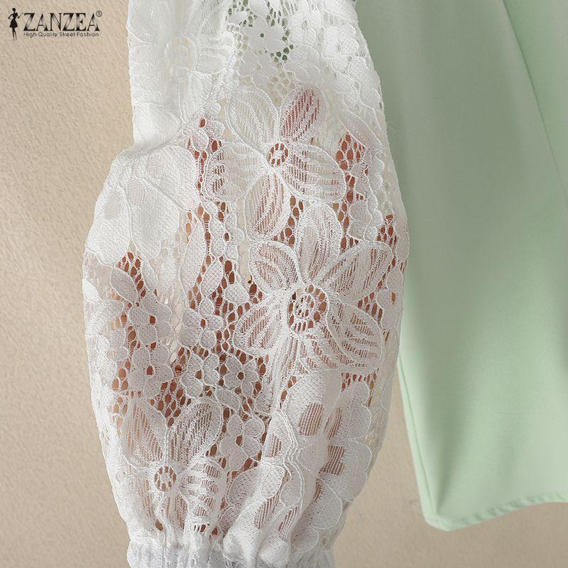 ZANZEA Damen Casual Stehkragen Spitze Patchwork 3/4 Ärmel Bluse