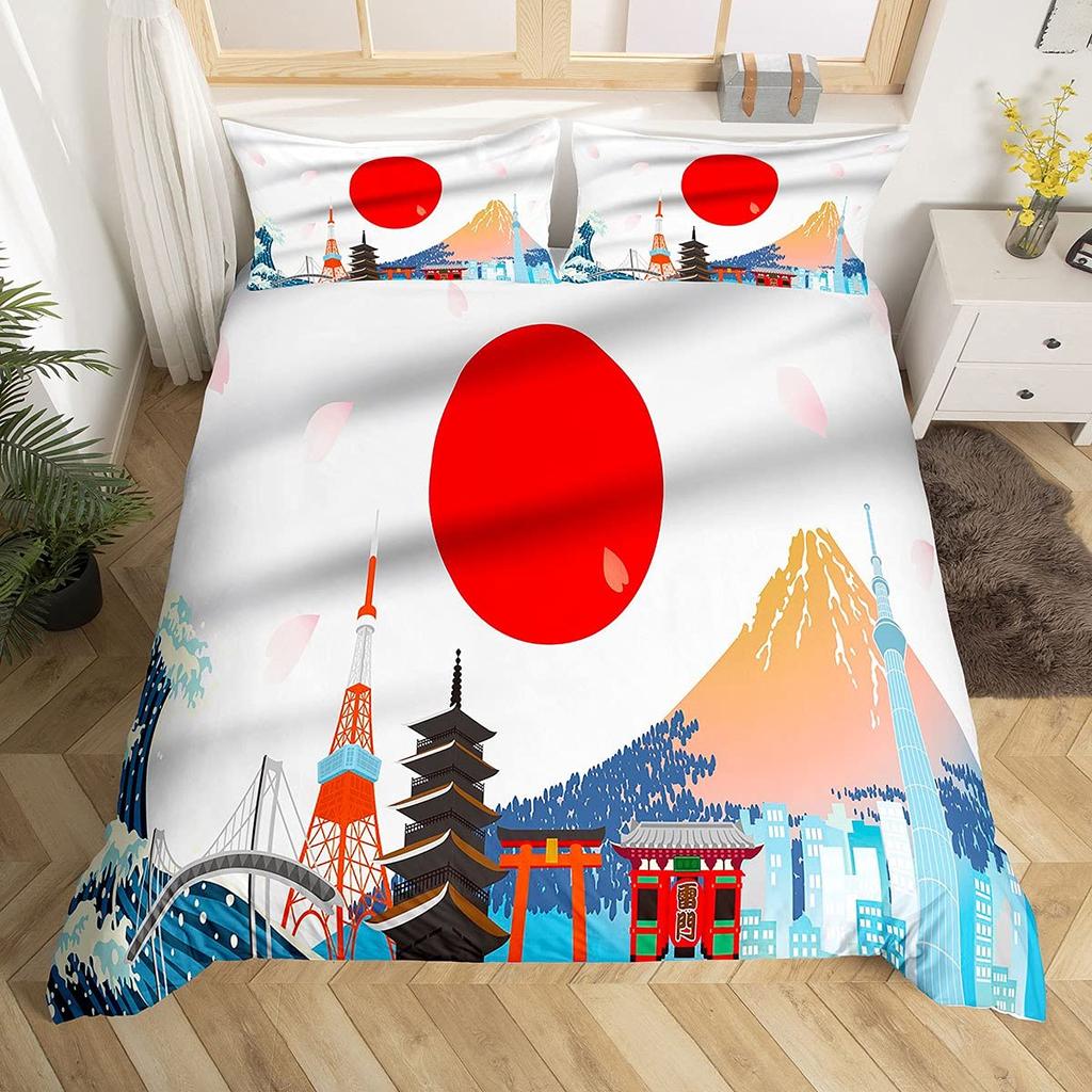 Japanese Style Bedding Set Traditional Kimono Motifs Comforter Cover Queen Size,Tokyo Duvet Cover Geisha Japan Asian Quilt Cover