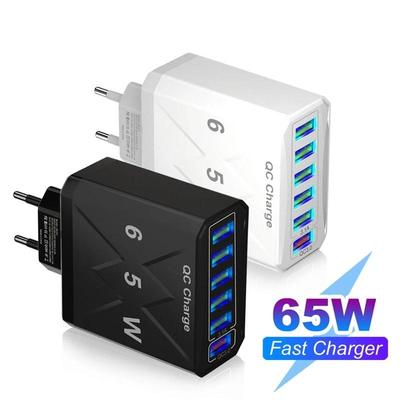 Carregador USB Rápido de 65W com 6 Portas QC3.0 Carregador de Viagem para iPhone 14 Samsung Xiaomi Adaptador de Celular Plugues UE KR US UK
