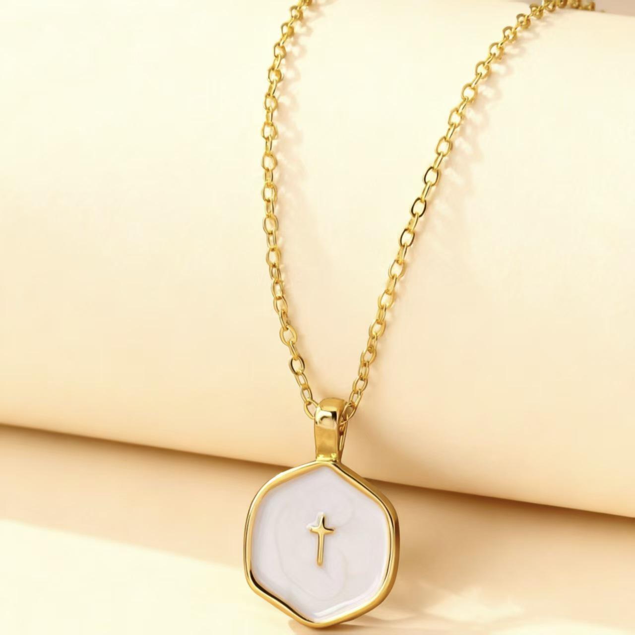 Разноцветный эмалевый крест с каплями масла на цепочке-ключице для женщин - Простая, универсальная цепочка белый