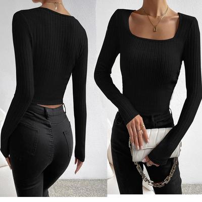 Europese en Amerikaanse Dames Slimme Lange Mouwen Vierkante Hals Herfst Mode Top