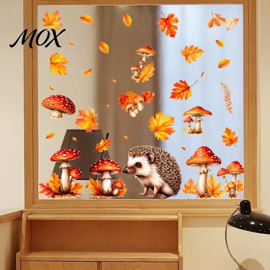 Autumn Window Clings 2PCS Hedgehog Static Clings, Fall Maple Leaf Mushroom Glass Stickers, Decals No-Adhesive for Home Store Coffee Shop Thanksgiving