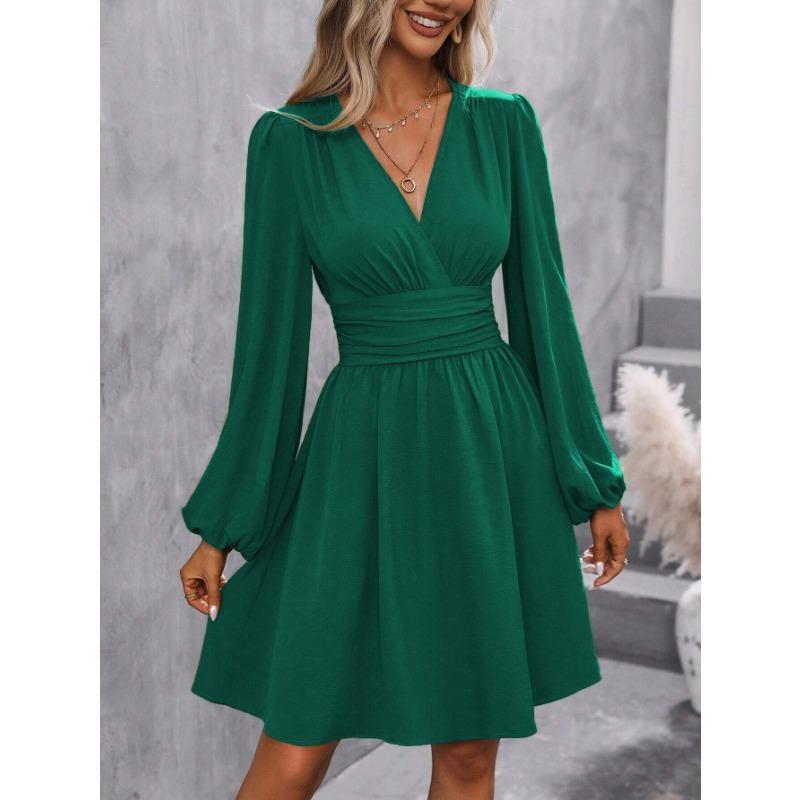 Autumn Winter V Neck Lantern Sleeve Pleated Waist Dress
