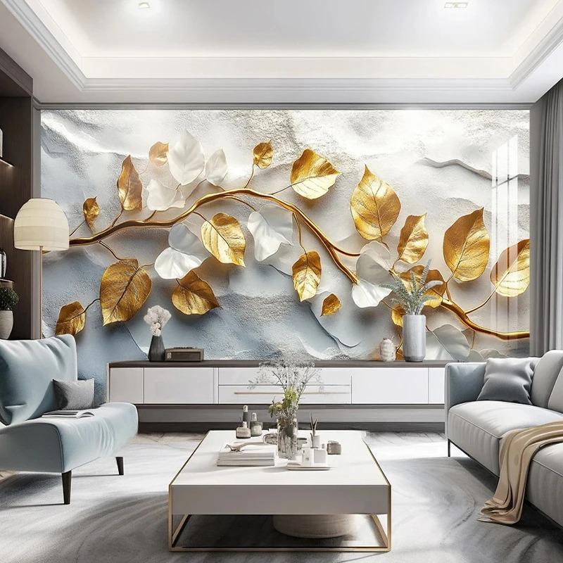 Современная мода фреска 3d стерео золотой тисненый лист абстрактные обои гостиная спальня настенная фреска домашний декор 200 cm(W) x 140 cm(H)