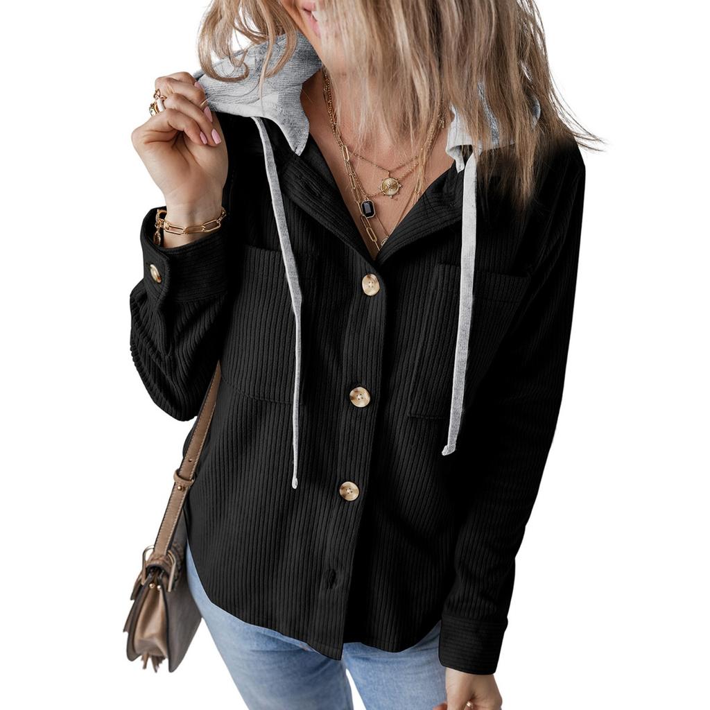 IHUASU Autumn Winter Lapel Buckle Cardigan Purse Hooded Drawstring Striped Coat for Women