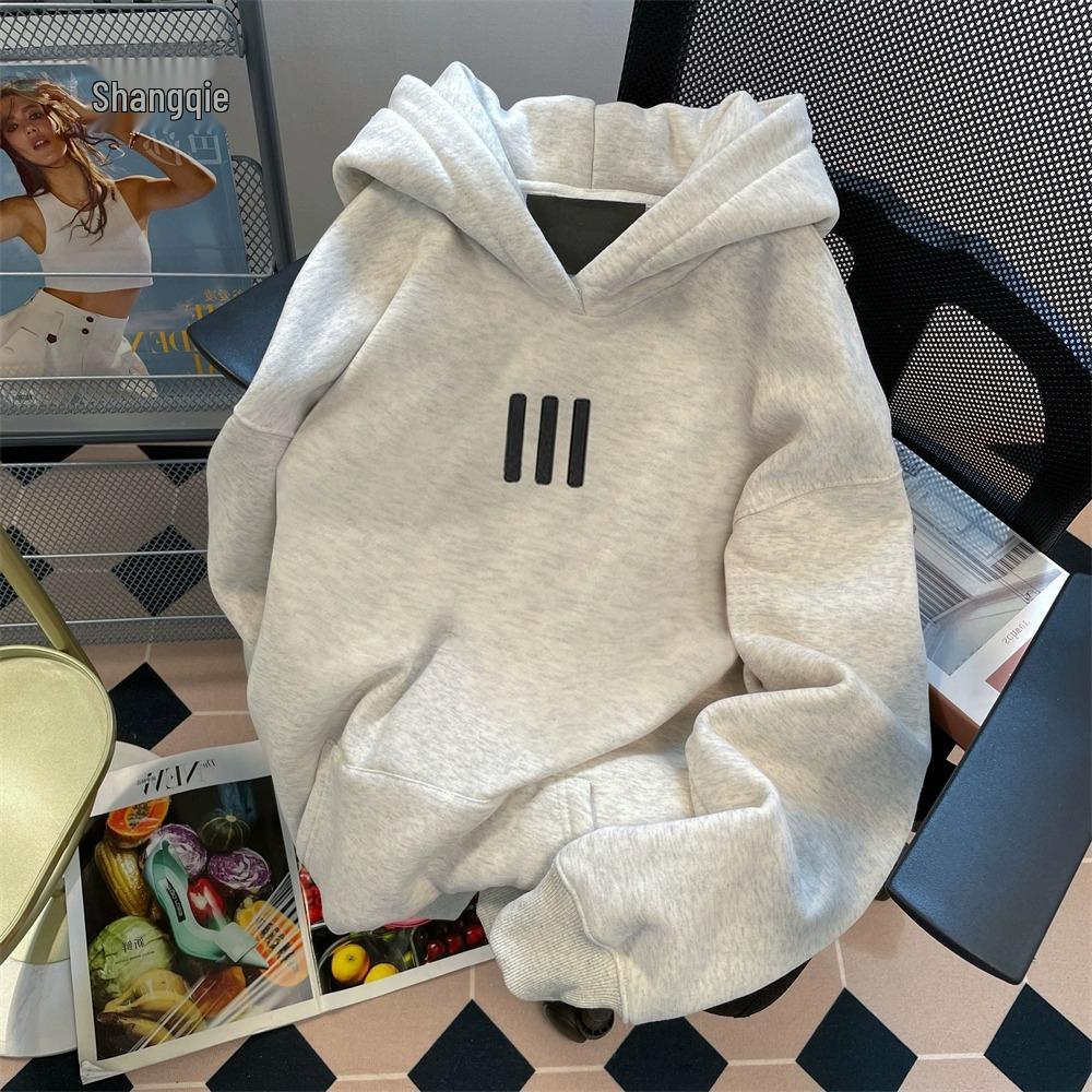 Men's White-Grey Thick Cotton Hooded Sweatshirt - Loose Fit, Versatile for Spring, Autumn, Winter - Couple's Jacket Top