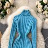 Autumn and Winter New Retro Twist Knitted Warm High-neck Elastic Slim Hip Dress Women