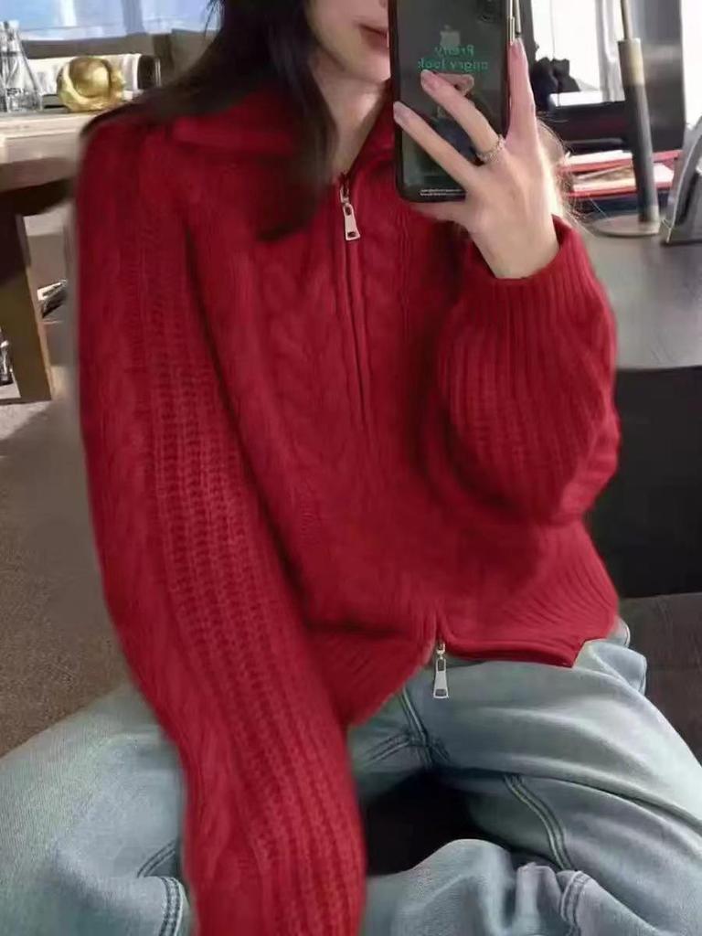 Cardigan da Donna con Scollo Alto, a Doppia Trama, 100% Lana, Autunno/Inverno, Doppia Zip, Lavorazione a Treccia, Manica Lunga, Strato Esterno