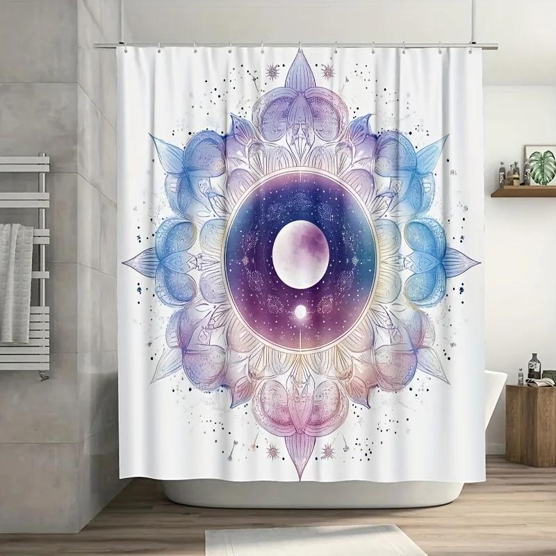 

High-Quality Mandala Shower Curtain, Celestial Moons & Stars, Pastel Gradient, Includes Plastic Hooks, Durable Bathroom Decor W60H190(CM)-1 Pcs
