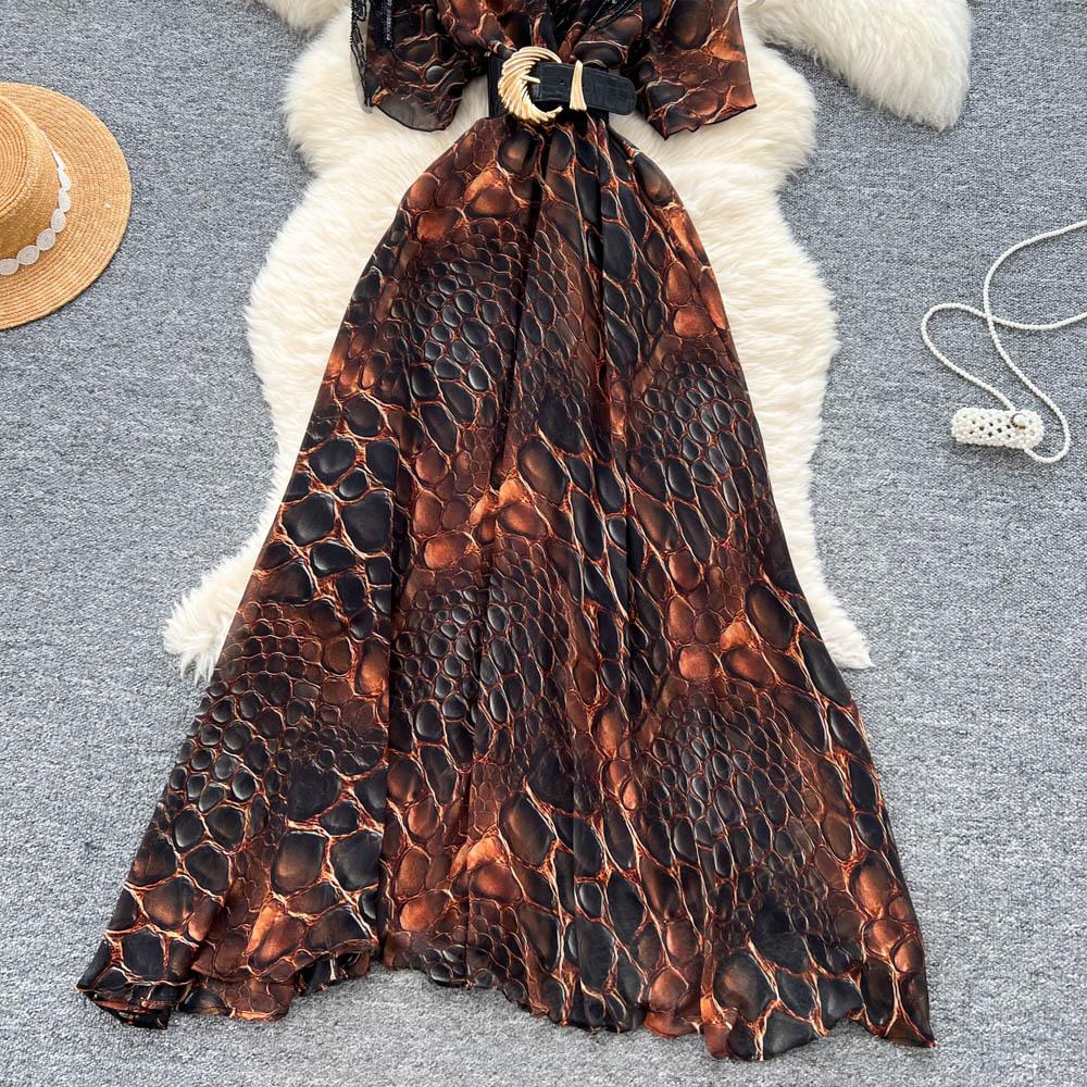 Damenkleid Lange Kleider A-Linie Print Streetwear V-Ausschnitt Kurze Ärmel Elegant Patchwork Y2k Enger Taillenbereich Party Nacht Arbeitskleider