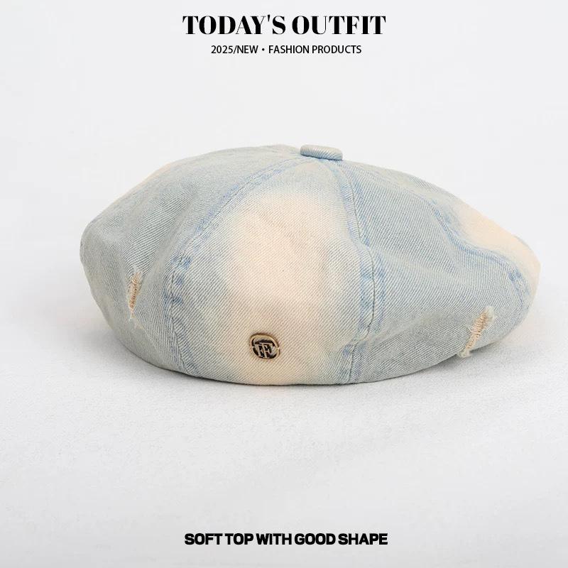 Japanese High end Denim Gradient Beret Ripped Denim Beret Vernacular Retro Versatile Old Painter Hat