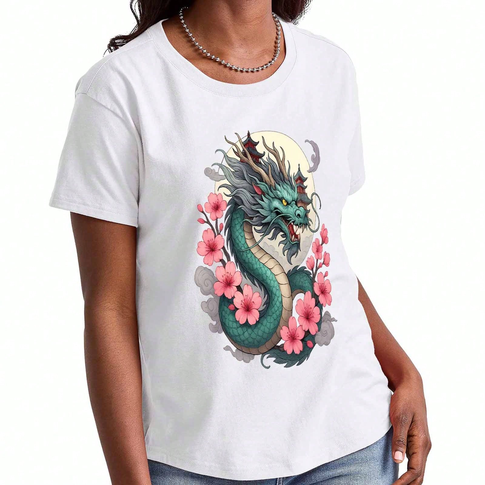 Dragon Head Ladies Cotton T Shirt, Pure Cotton Premium Print,Durable,Casual And Stylish, Red Dragon Head Graphic Tee,Traditional Chinese Dragon Patter S разноцветный