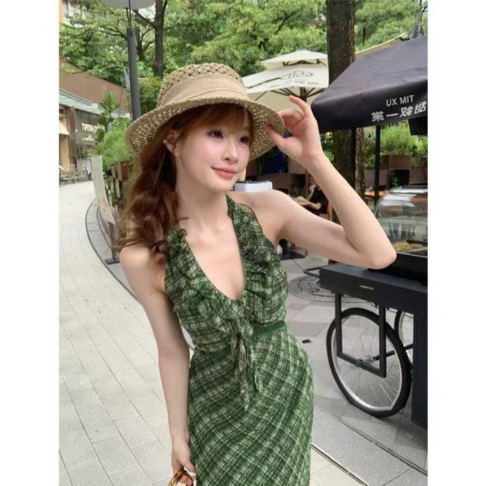 

Summer Design Sense Sleeveless Suspender Knee Long Dress Women s Neck Retro Checkered Dress Long Dress S