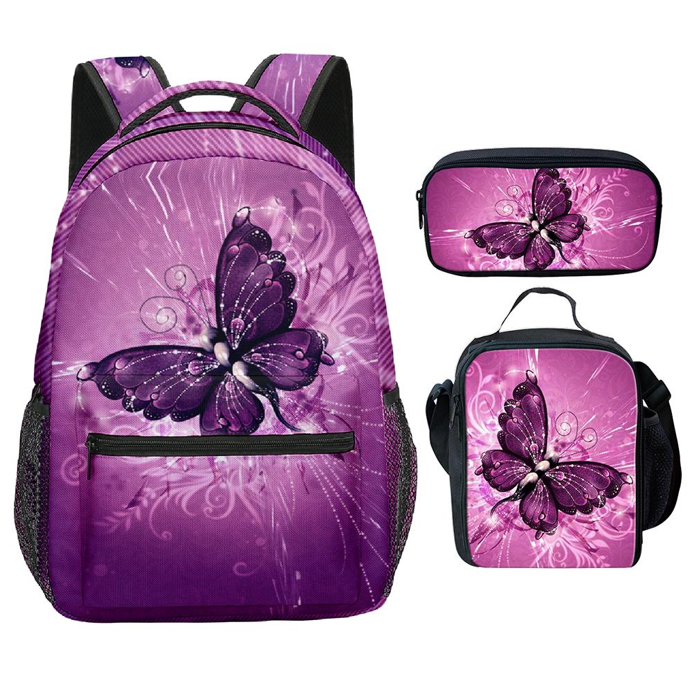 Classico Novità Fresco Bello Farfalla Stampa 3D 3pz/Set Studente Borse Scolastiche Zaino per Laptop Borsa a Tracolla Borsa Pranzo Astuccio