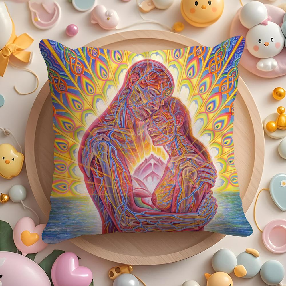 A-Alex Grey Trippy Psychedelic Cushion Cover Plush Fabric Soft Double-Sided Printed Sofa Pillow Case Colorfast Home Decor Gift