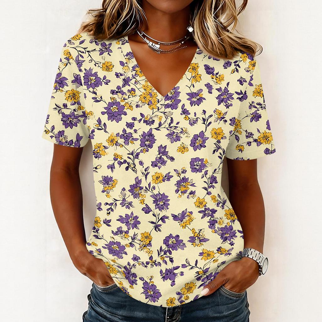 Modisches lässiges Damen-Pullover-Oberteil mit kurzen Ärmeln und Blumenprint, V-Ausschnitt
