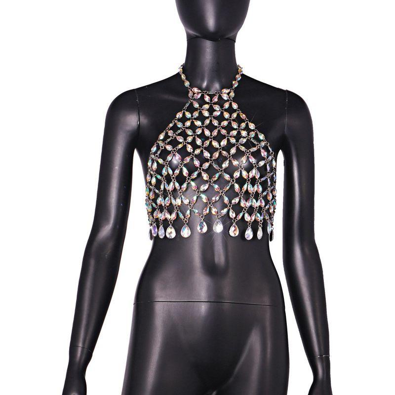 Magic Queen Cross-Border Sexy Cutout Nightclub Shiny Colorful Crystal Pendant Halterneck Short Vest Waistcoat