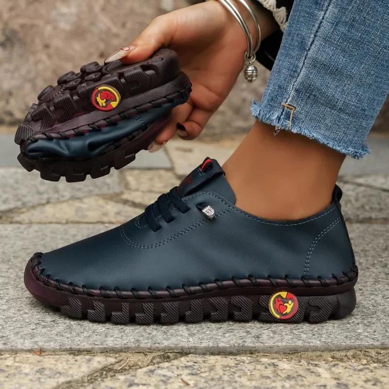 Boty Dámské PU Kůže Mokasíny pro Ženy Pohodlné Nazouvací Baleríny Ručně Šitá Nit Lehké Boty pro Maminku Zapatillas De Mujer