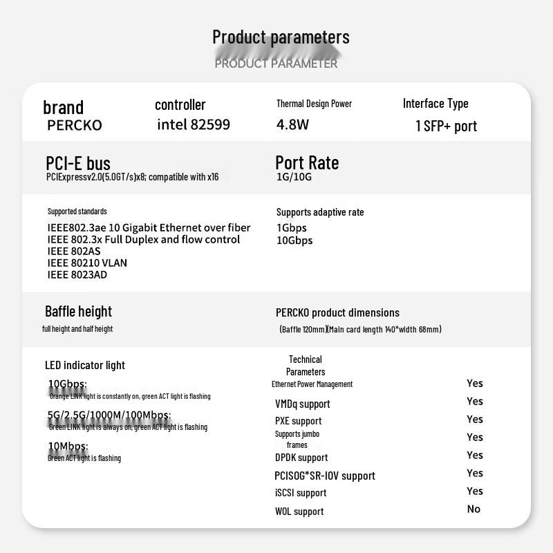 PERCKO Intel X520-DA1 10G PCIe X8 Single Port SFP+ Fiber Network Card