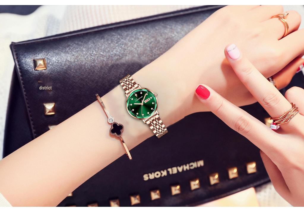 Origineel Dames Stalen Band Horloge met Vlinder Sluiting, Dubbele Datum, Lichtgevend, Waterdicht, Elegante Nieuwe Stijl.