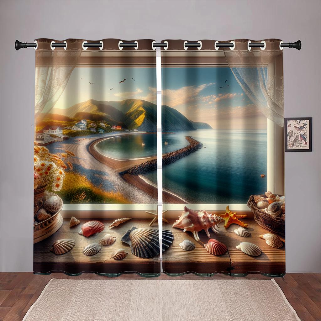 Summer View Beach Ocean Shell Natural Senery Tree Curtains for Bedroom Window Drapes Living Room Home Decoration Kitchen Office