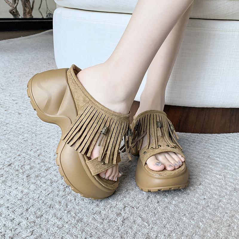 Fashion Block Heel Flip Flops Autumn New Round Toe Open Toe Suede Studded Platform Anti-Slip Wear-Resistant Slippers