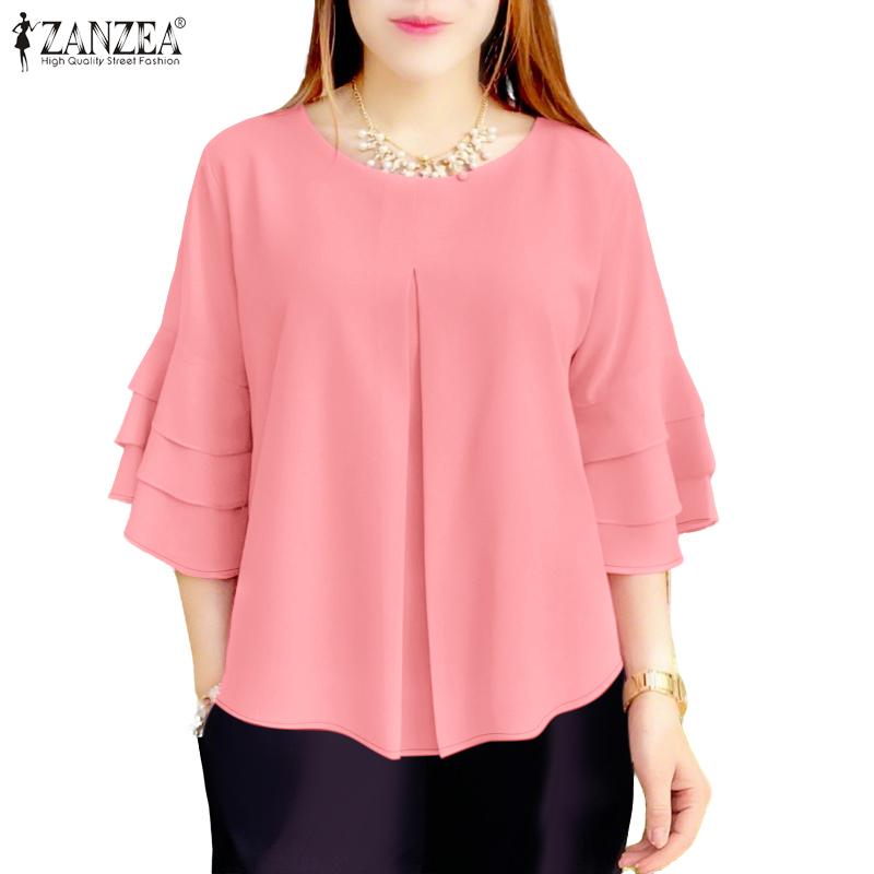 ZANZEA Women Casual Round Neck Ruffles 3/4 Sleeve Loose Blouse