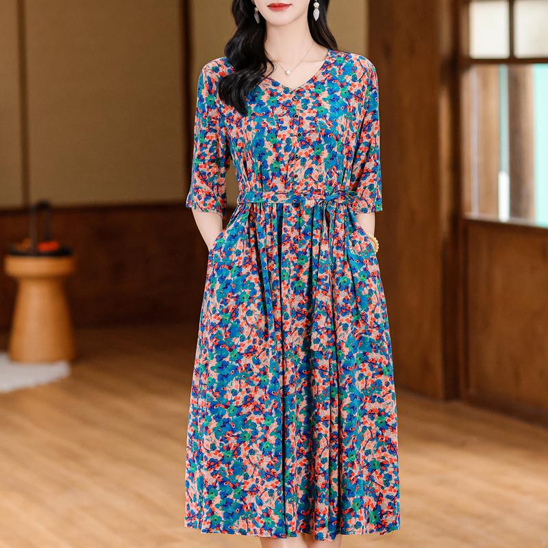 Elegant Women's Summer Dress Plus Size Half Sleeve Vintage Print Long Dresses Female Summer Clothes