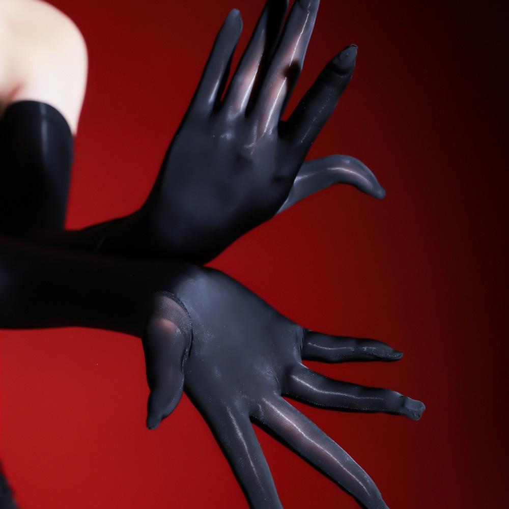 Women'S Five-Finger Glossy Silk Stockings And Gloves, Aurora Hand Stockings, Sexy And Erotic, Horse Oil White Stockings, Black S