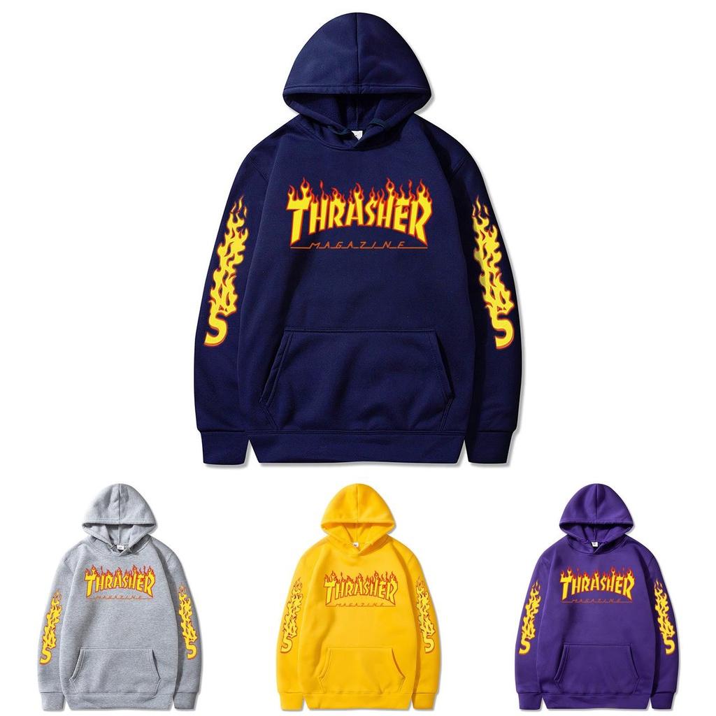 Plus Size Flame Print Pullover Hoodie Loose Fit Casual Couple Sweatshirt