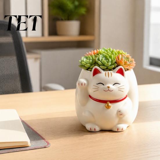 Fortune Cat Statue Planter Cute Planter, Resin Beckoning Kitty Flower Pot, Auspicious for Succulents Cartoon Plant Pot Succulents, Indoor Office Desk