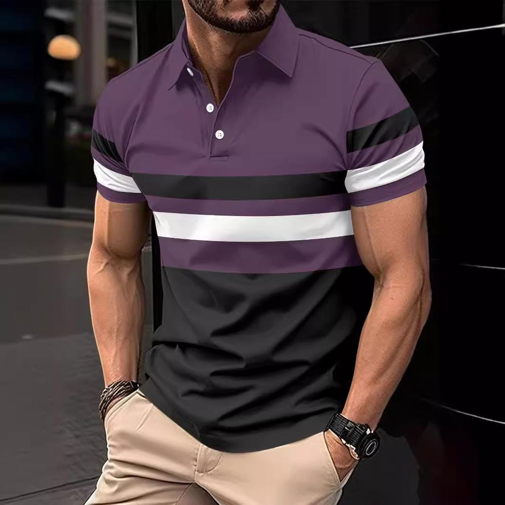 Summer new men's T-shirt daily casual lapel striped short-sleeved tops