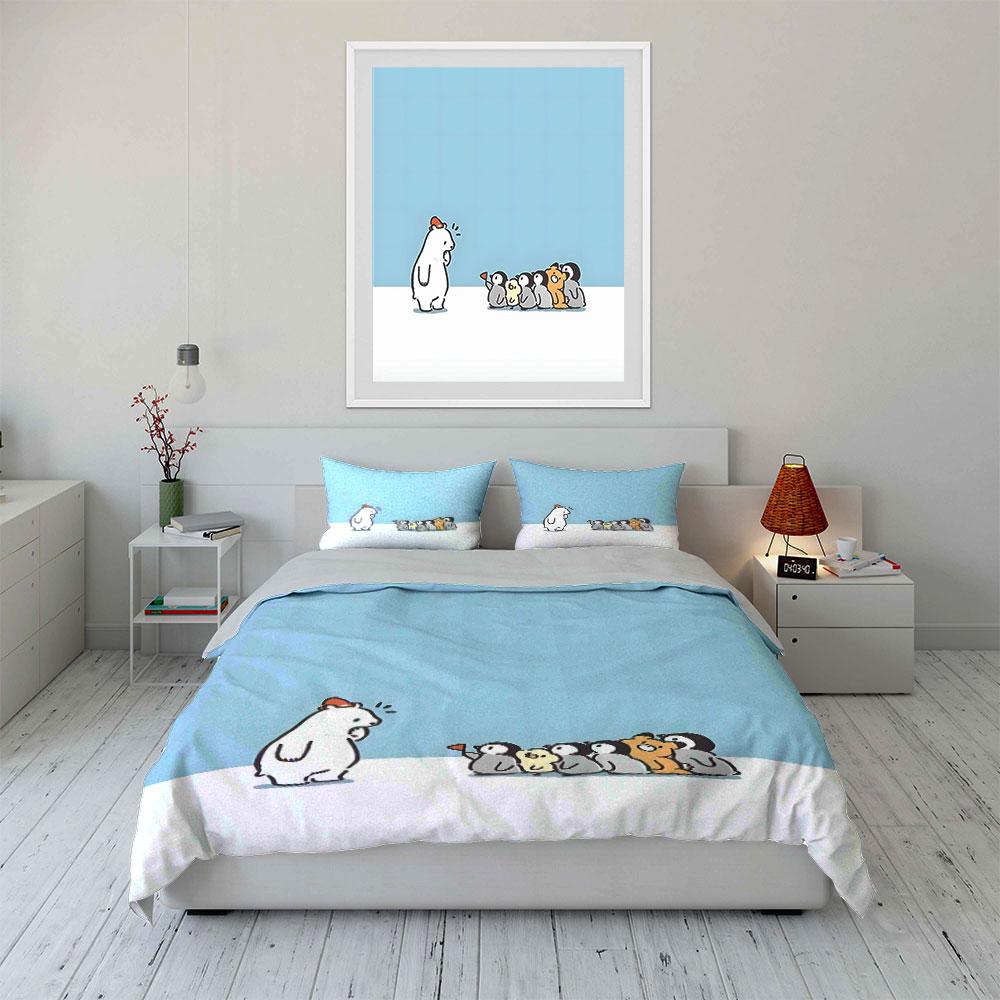 Fun Cartoon Polar Bear And Penguins Duvet Cover Set With 3D Printing Design Soft Polyester Bedding Set All-Season Comfort