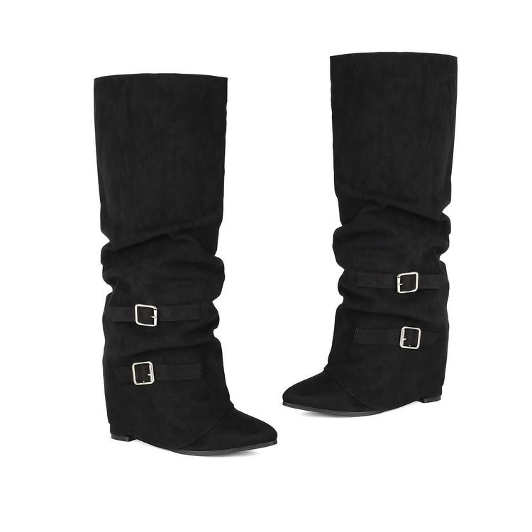 Pleated retro western boots women's year new fashion casual thick heel medium boots women's knee knight boots