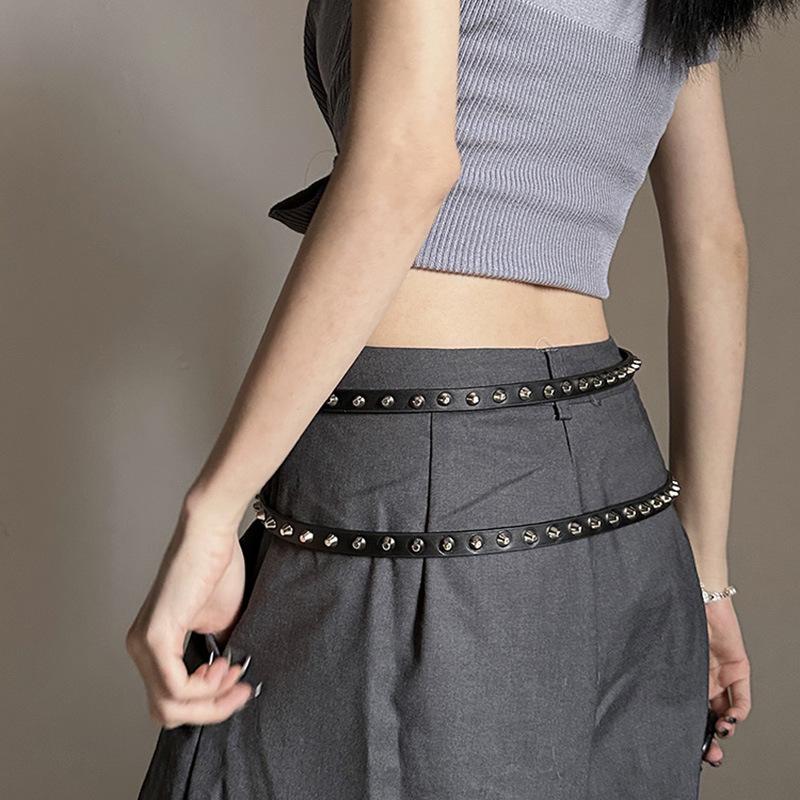Punk Cowboy Style Double Circle Waist Belt Bucket Nail Extra Long Thin Waist Belt Casual Versatile Rivet Belt