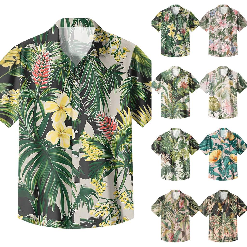 Casual losvallend herenshirt met korte mouwen, tropische bloemenprint, knoopsluiting, voor zomer, strand, buiten