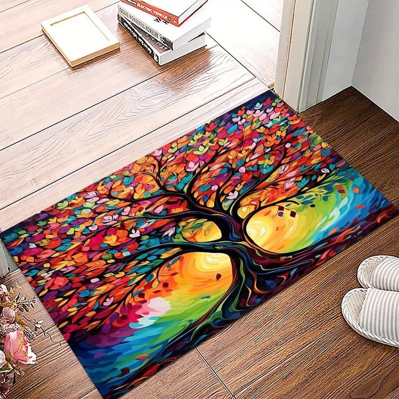 A Colorful Tree of Life Design Modern Minimalist Flannel Rug for Home Bedroom Floor Mats Mats Mats Kitchen Rugs Decorative Mats.