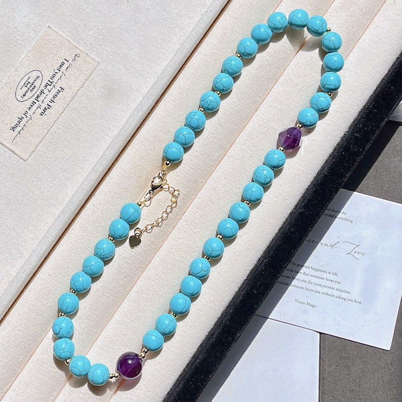 

Large Grain Autumn And Winter Natural Amethyst Imitation Turquoise Design Necklace Collarbone Chain
