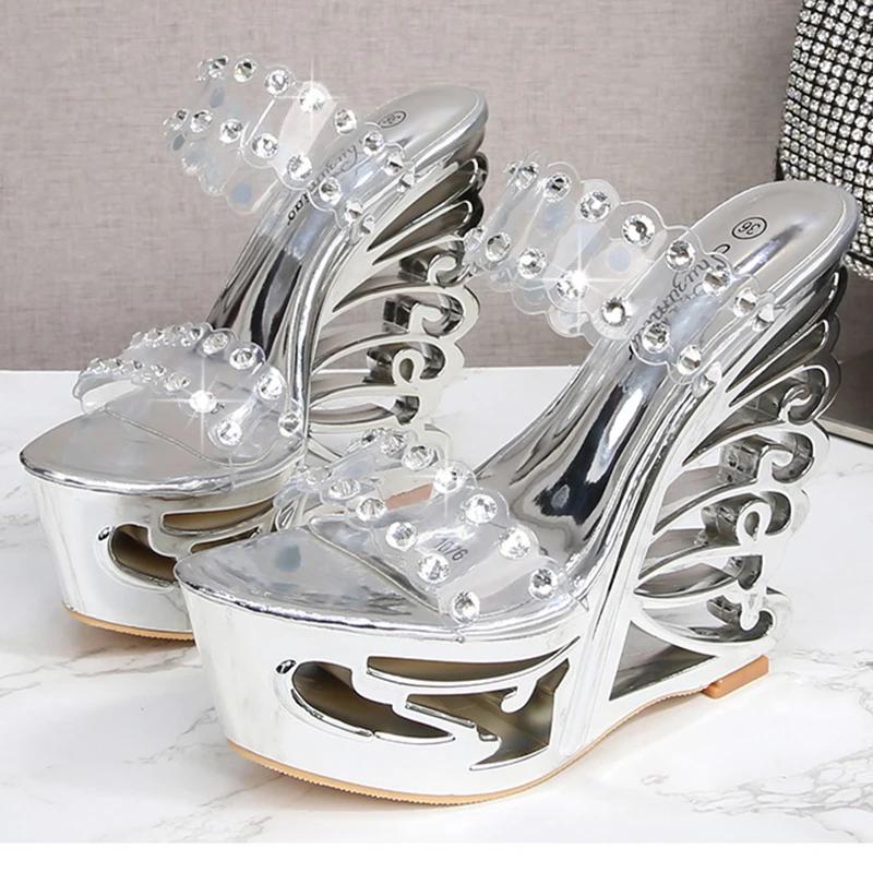 Fashion New Sexy Design Personality Heel Slippers Ladies Slippers Clear PVC Transparent Casual Square High Heel Platform Slippers