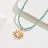 Vintage Golden-Toned Sun Pendant Necklace for Women Elegant Turquoise Beads Chain Choker Neck Statement Party Jewelry Gifts