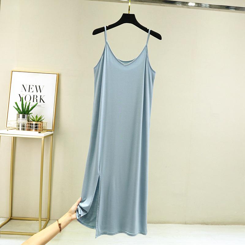 Korean Style Women's Modal Slimming V-Neck Spaghetti Strap Dress with Slit, Plus Size – Spring/Summer Collection