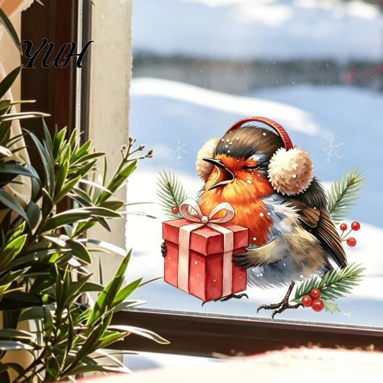 Decorative Window Stickers for Home Christmas Bird Static Clings, PVC Waterproof Decals with Santa Hat And Creative Gifts Lovers Gift Box, Removable