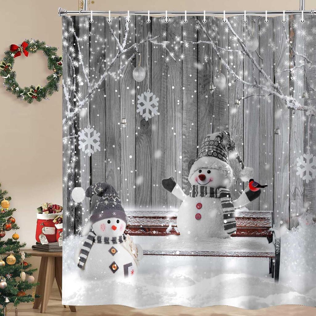 Winter Christmas Shower Curtain, Cute Snowman Snowflake Scene Holiday Decor Bath Curtain For Bathroom, Farmhouse Xmas Covered