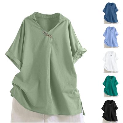 Women's Cotton Linen Solid Colour Short Sleeve Shirt V-Neck With Buttons Loose Shirt