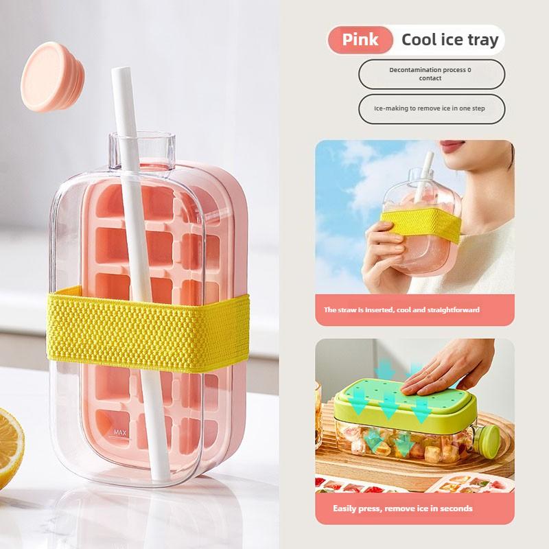 Ice Cube Mold Household Two-in-one Press Ice Kettle with Lid Ice Tray Zero Touch Ice Out Carry Straw Dual-purpose Ice Kettle