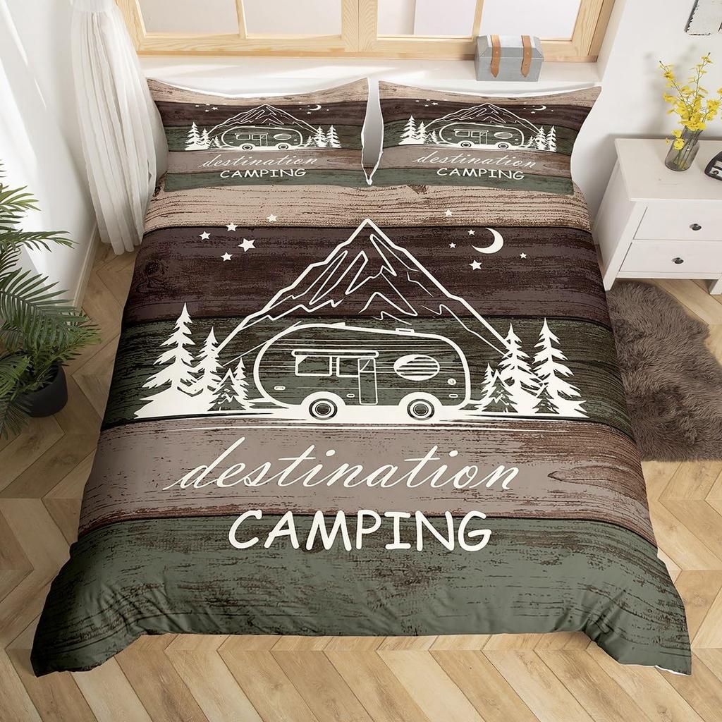 Happy Camping Duvet Cover Queen Full Twin King Camper Theme Comforter Cover With 2 Pillowcase Rustic Farmhouse Style Bedding Set