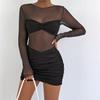 Hot-selling Women's Fashion Round Neck Long-sleeved Mesh Splicing Skirt, European and American Sexy Pleated Hip-wrapped Dress