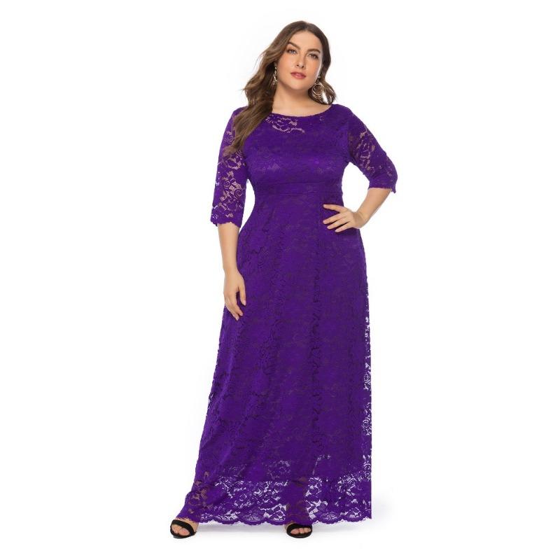 Trendig Plus Size Spetsad Kvällsklänning med Fickor och Urskurna Korta Ärmar