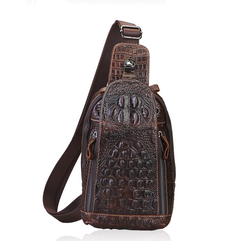 Men s Leather Layered Cowhide Crocodile Patterned Chest Bag, Men s Leather Oilskin Casual Small Crossbody Waist Bag